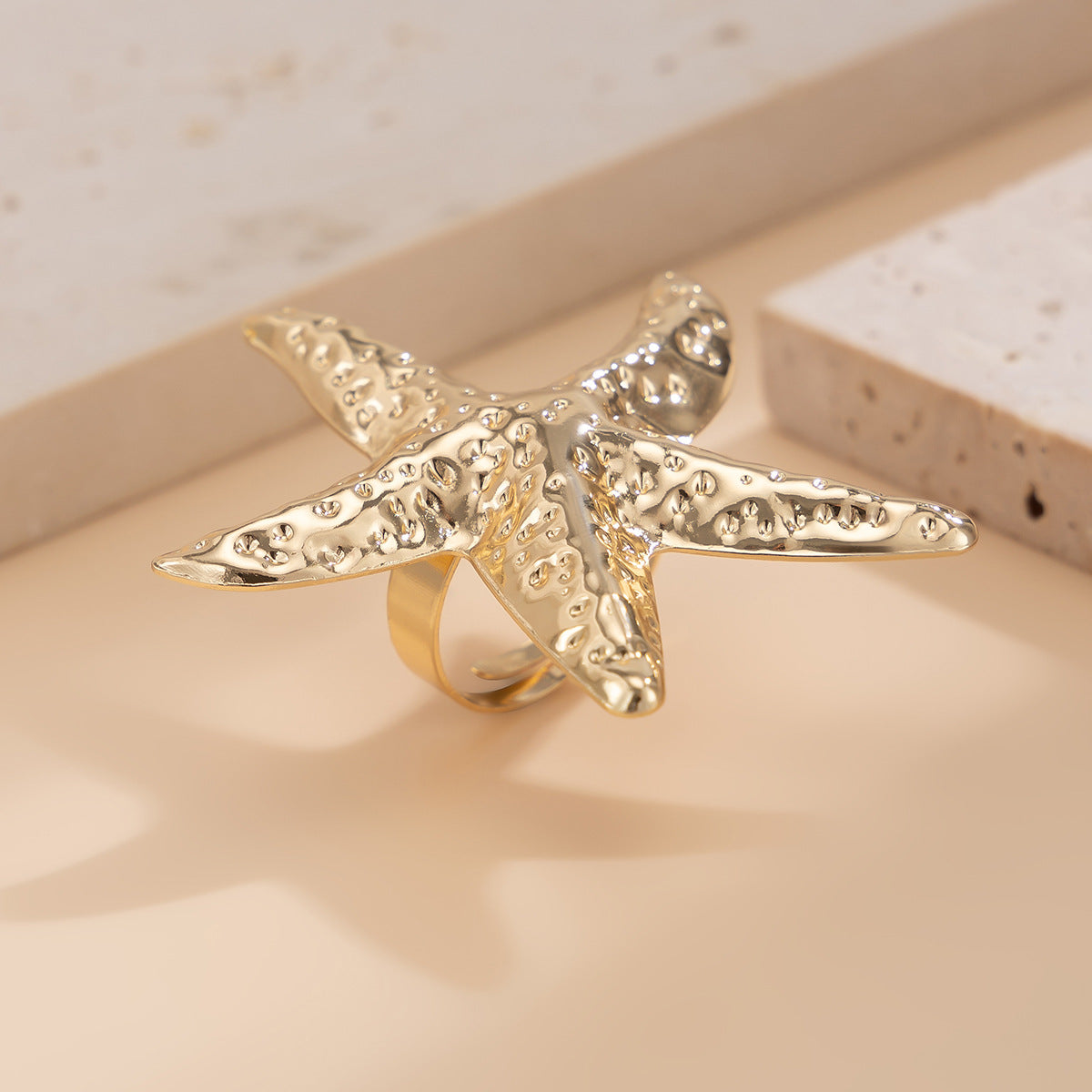 Holiday style starfish alloy ring, beach imitation pearl adjustable ring