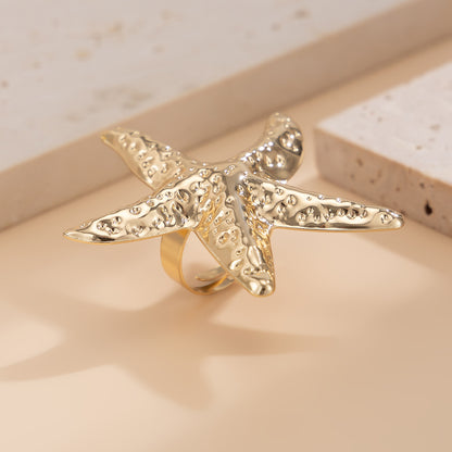 Holiday style starfish alloy ring, beach imitation pearl adjustable ring