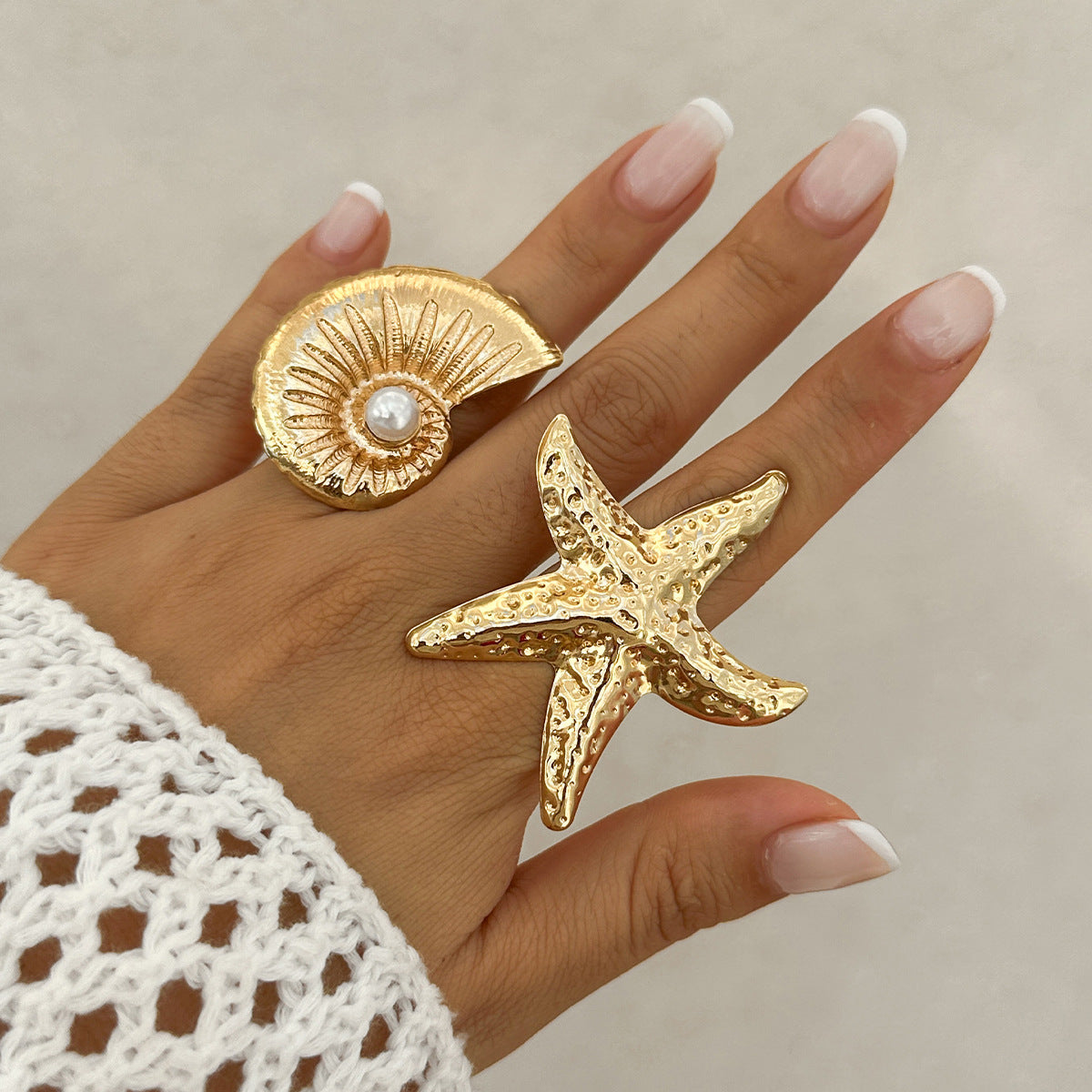 Holiday style starfish alloy ring, beach imitation pearl adjustable ring