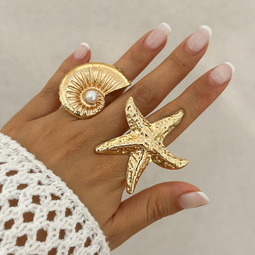 Holiday style starfish alloy ring, beach imitation pearl adjustable ring