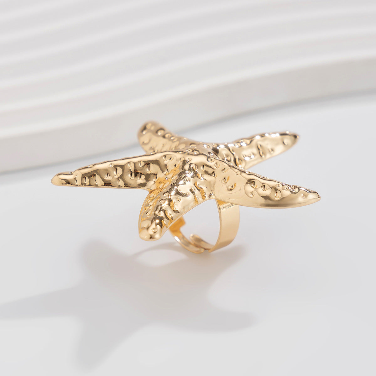 Holiday style starfish alloy ring, beach imitation pearl adjustable ring