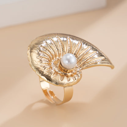 Holiday style starfish alloy ring, beach imitation pearl adjustable ring