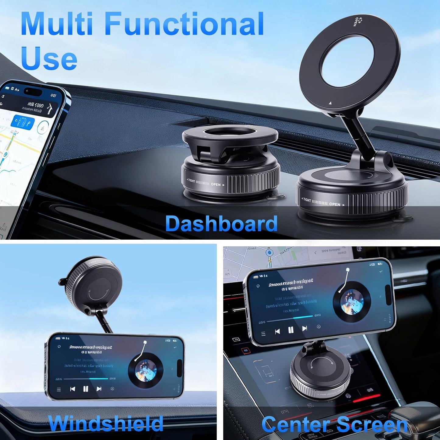 🚙360° Rotatable Vacuum Magnetic Phone Holder, Foldable and Retractable Suction Cup Car Phone Mount