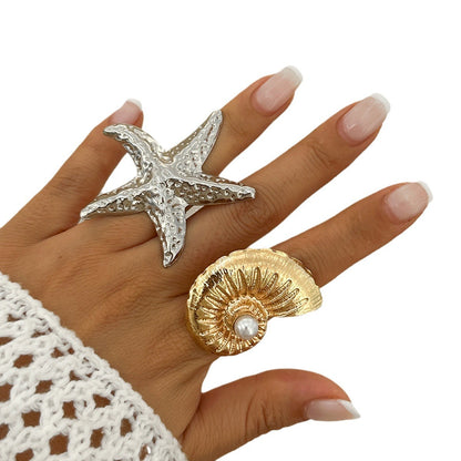 Holiday style starfish alloy ring, beach imitation pearl adjustable ring