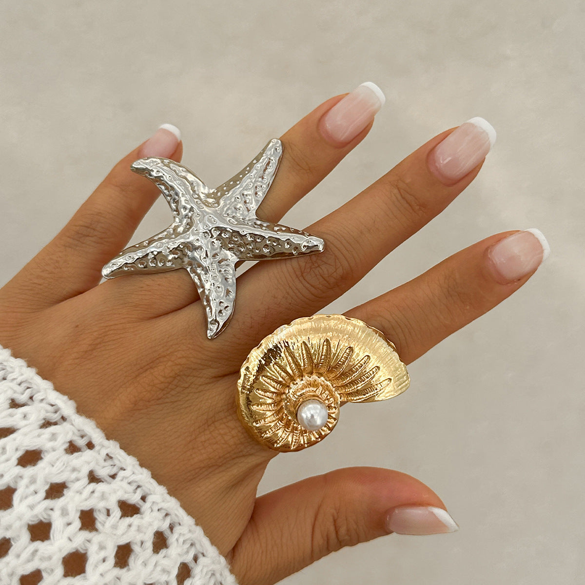 Holiday style starfish alloy ring, beach imitation pearl adjustable ring