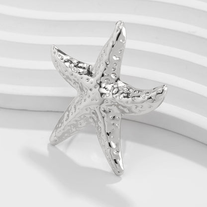 Holiday style starfish alloy ring, beach imitation pearl adjustable ring