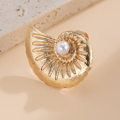 Holiday style starfish alloy ring, beach imitation pearl adjustable ring